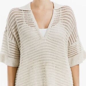 NEW Max Studio V-Neck Knit Polo Sweater in Off White Ivory Loose Knit Oversize L